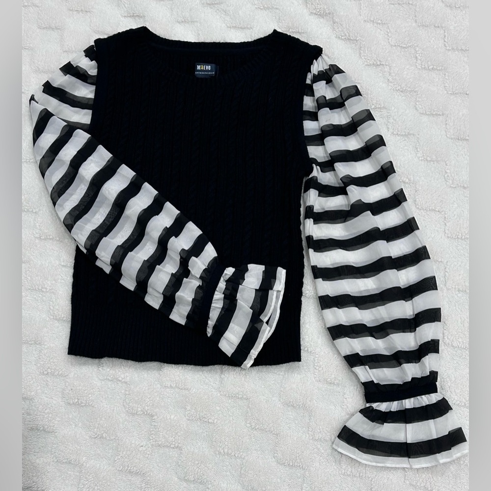 Maeve by Anthropologie Black and White Striped Sleeve sweater Top XSP - Picture 5 of 10